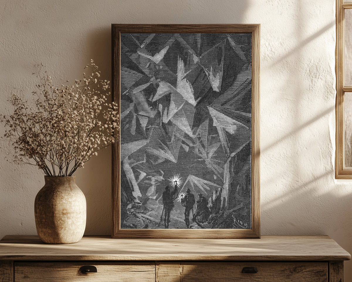 Framed art print of Je m'imaginais voyager à travers un diamant (I… by Édouard Riou, in a dark wood frame leaning on a rustic console beside dried flowers