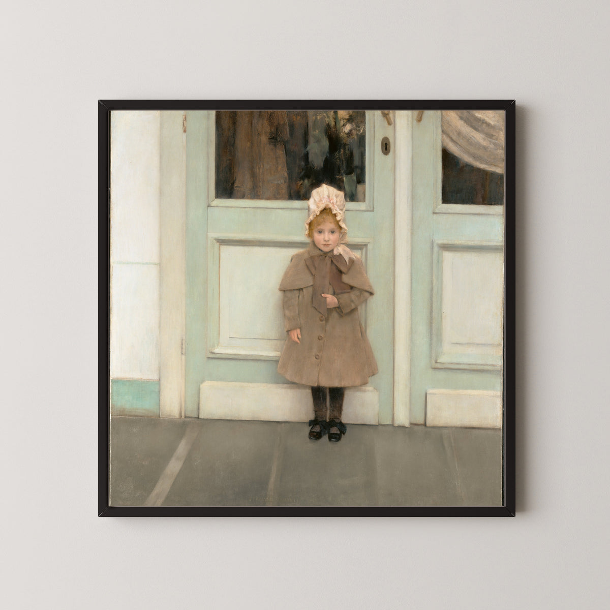 Framed art print of Jeanne Kéfer by Fernand Khnopff, in a black frame on a pale wall
