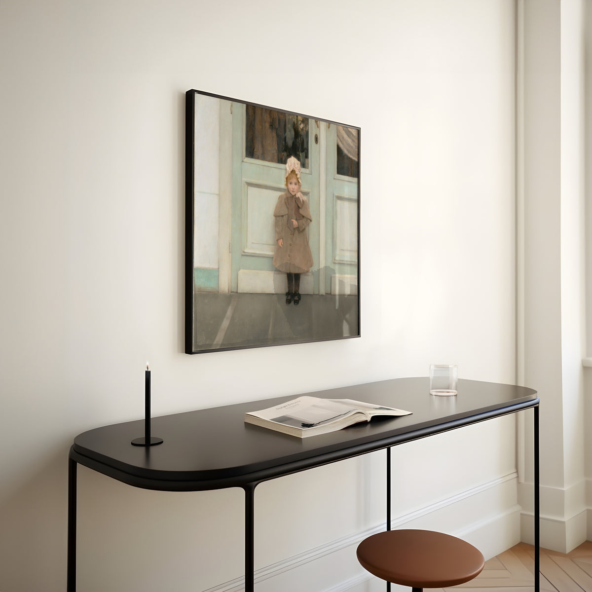 Framed art print of Jeanne Kéfer by Fernand Khnopff, above a slim black console table