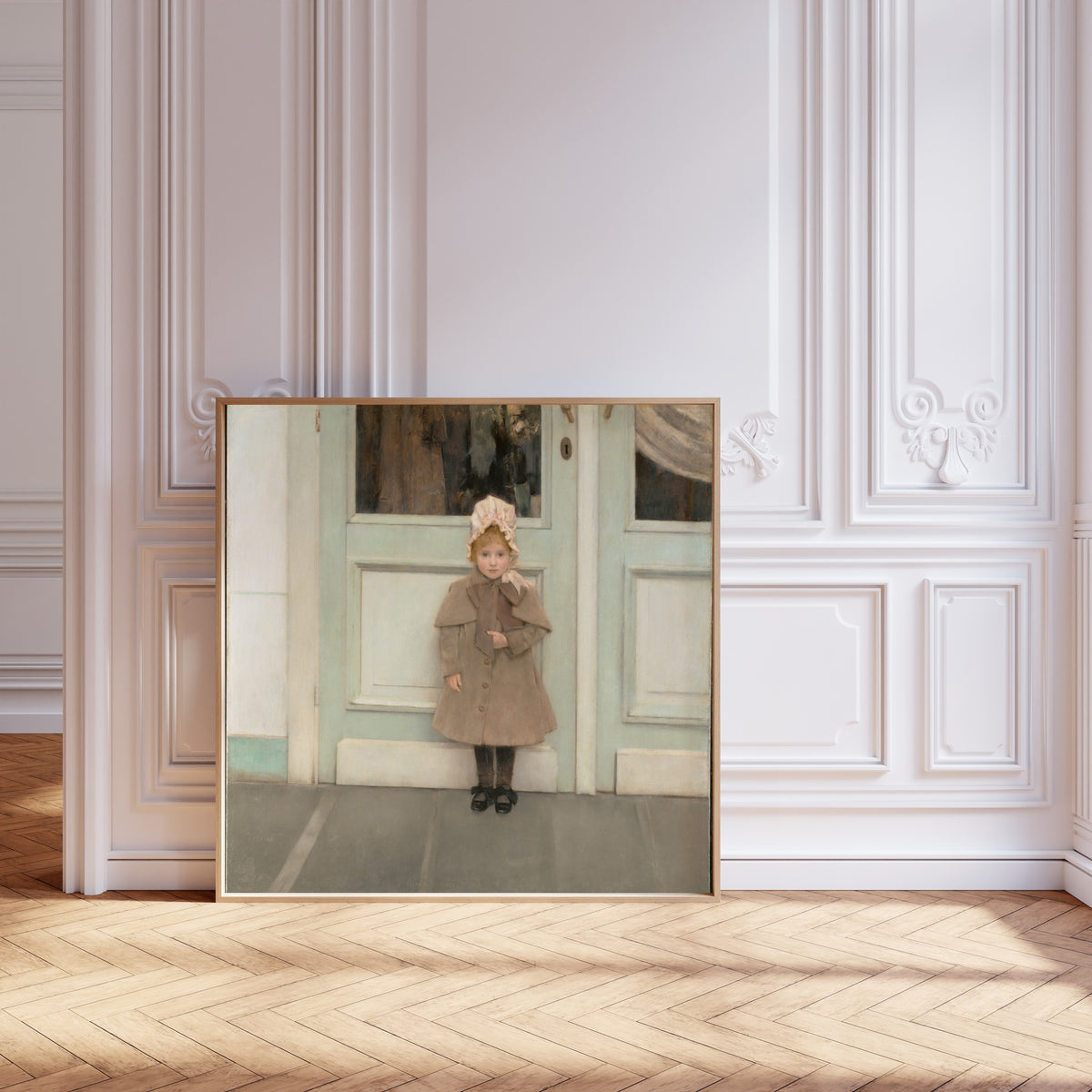Framed art print of Jeanne Kéfer by Fernand Khnopff, leaning against pale pink panelling on a herringbone floor