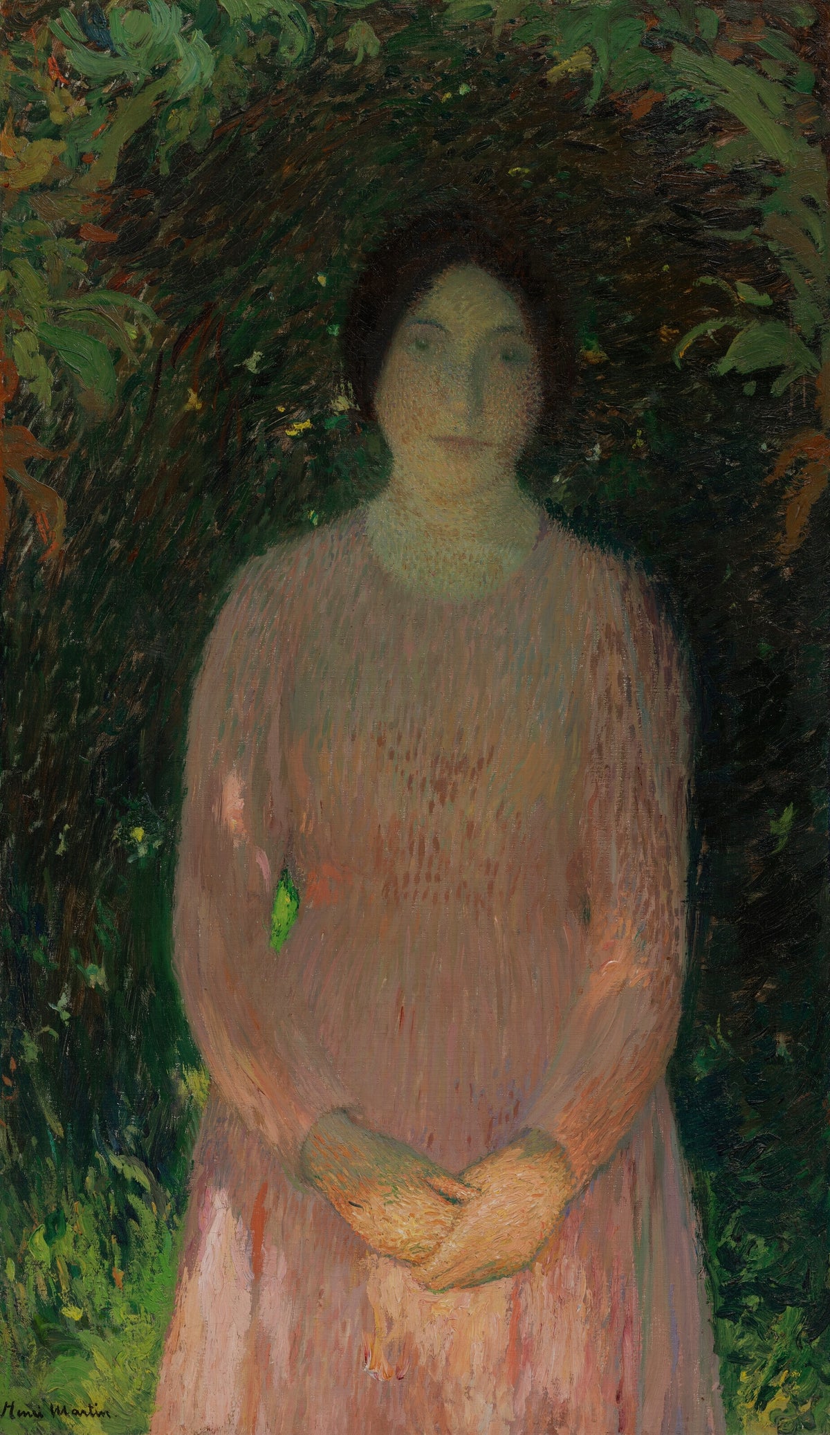 Henri Martin — Jeune fille en rose sous une voûte de feuillage | Pointillist Portrait Print