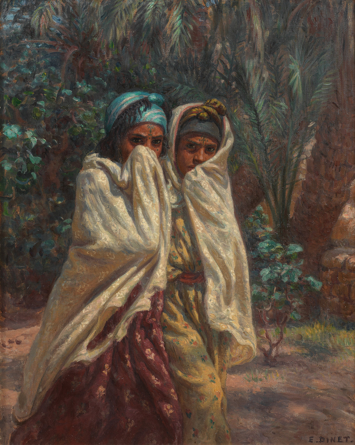 Jeunes filles revenant de la fête, claire de lune by Étienne Dinet — Two young women wrapped in cream shawls walk home beneath the palms