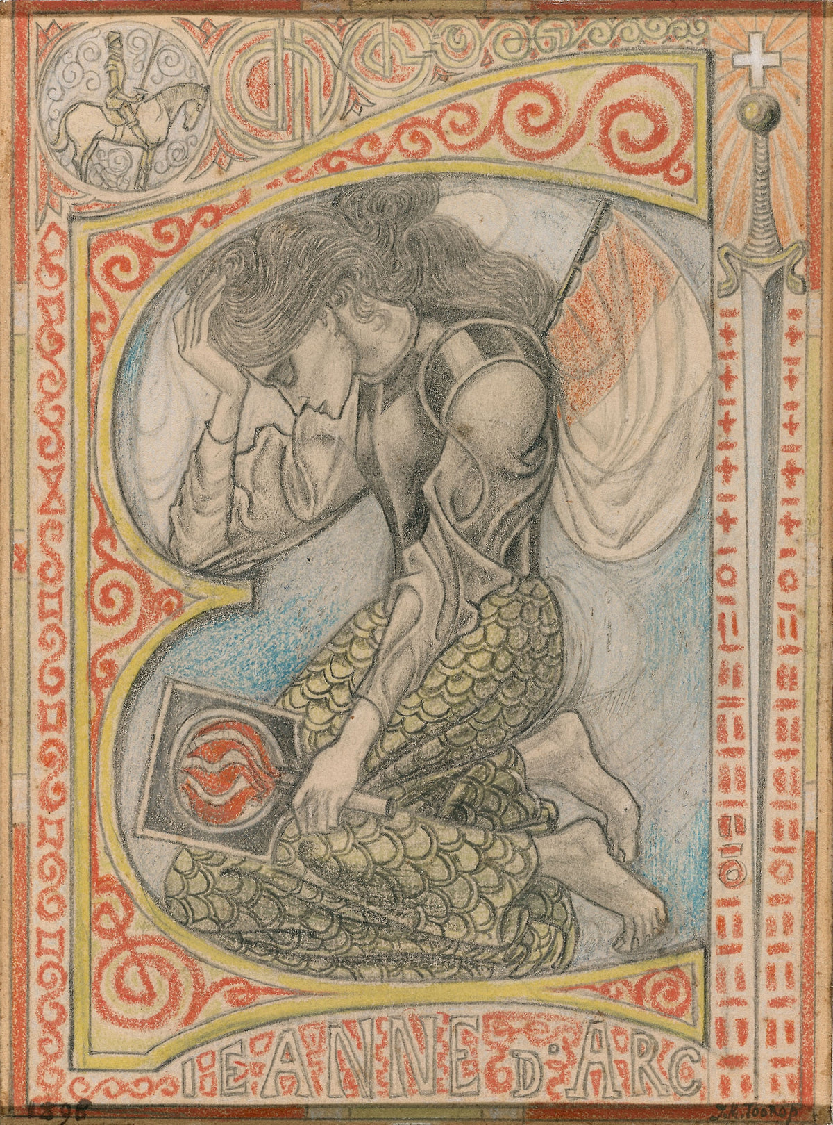 Joan of Arc by Jan Toorop — A kneeling armoured girl rests her head in her hand inside a letter