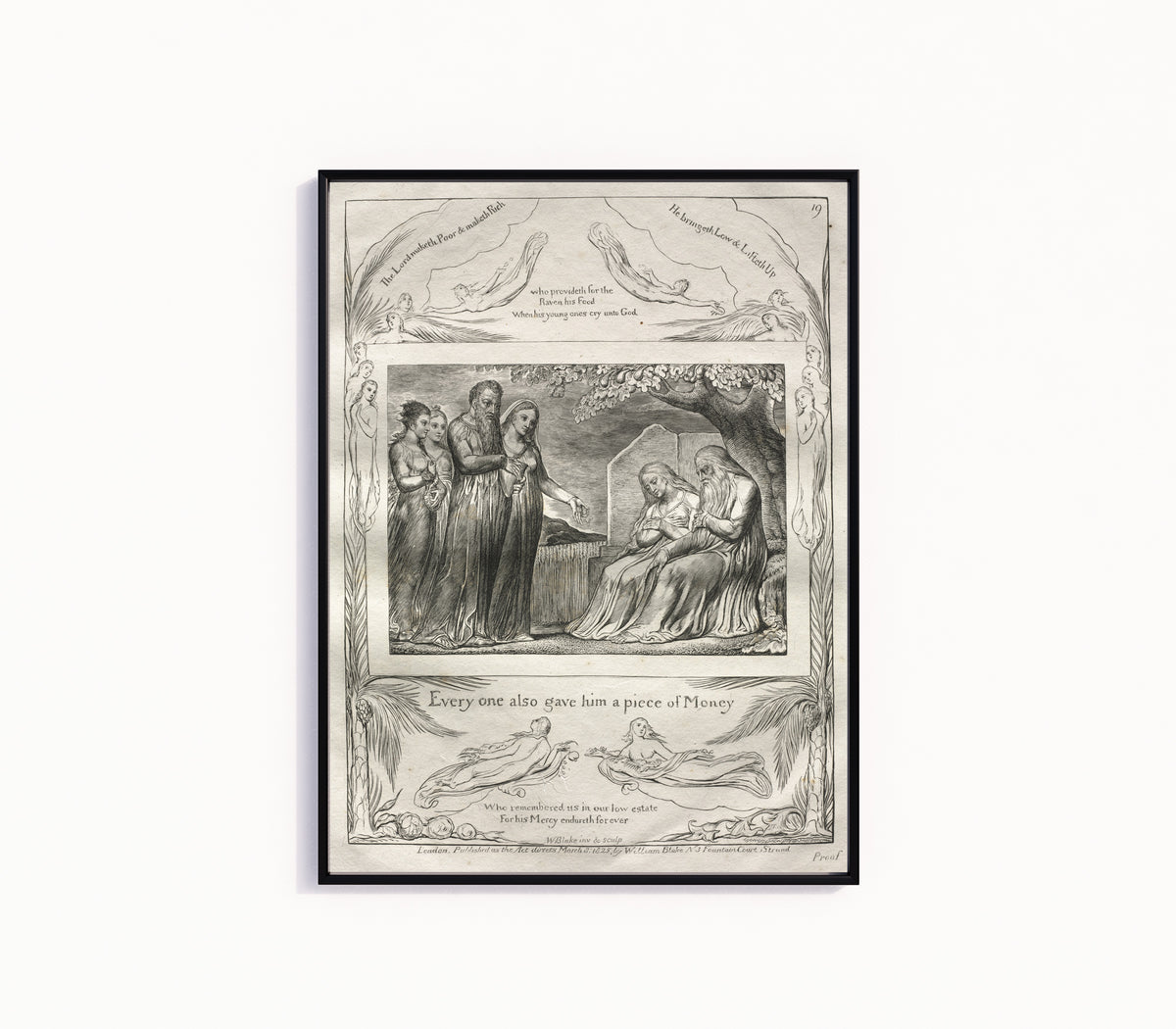 Framed art print of Job Accepting Charity (Book of Job, Plate 19) by William Blake, in a slim black frame on a plain white wall