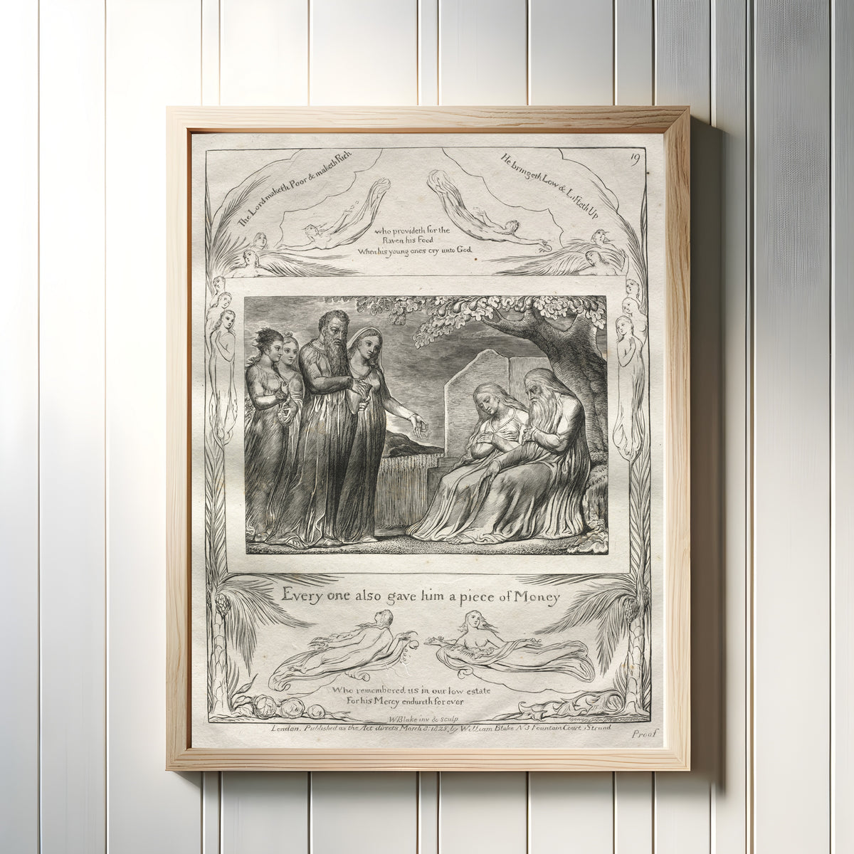 Framed art print of Job Accepting Charity (Book of Job, Plate 19) by William Blake, in a light wood frame on a white panelled wall