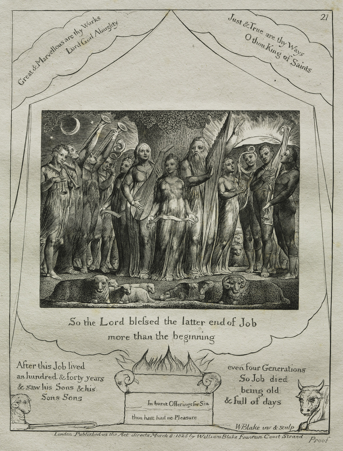 Job and His Wife Restored to Prosperity (Book of Job, Plate 21) by William Blake — Job and his family play music beneath the moon in their restored days