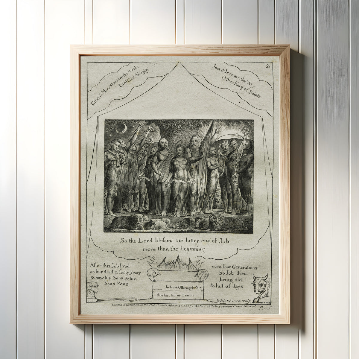 Framed art print of Job and His Wife Restored to Prosperity (Book of Job, Plate 21) by William Blake, in a light wood frame on a white panelled wall