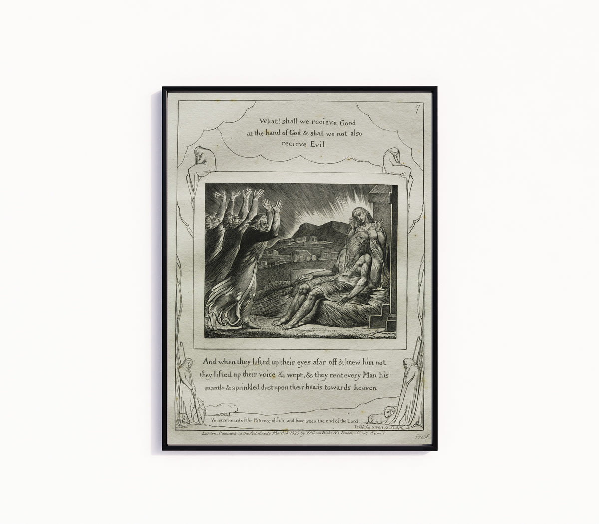 Framed art print of Job's Comforters (Book of Job, Plate 7) by William Blake, in a slim black frame on a plain white wall
