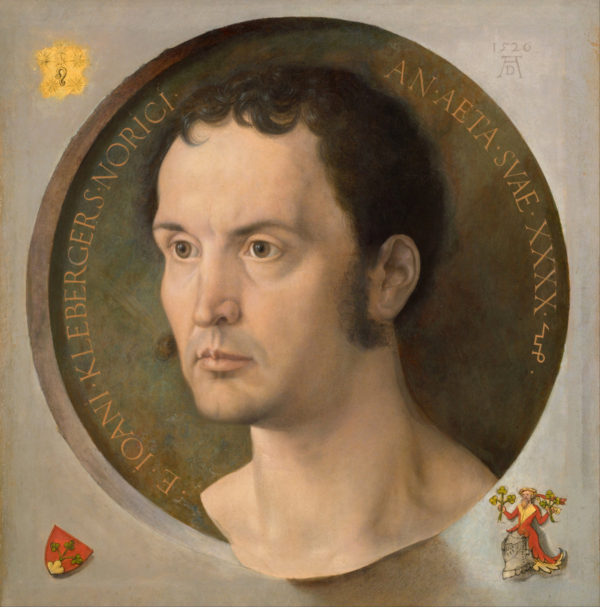 Johannes Kleberger by Albrecht Dürer — A wide-eyed man's bust in a roundel ringed by Latin lettering