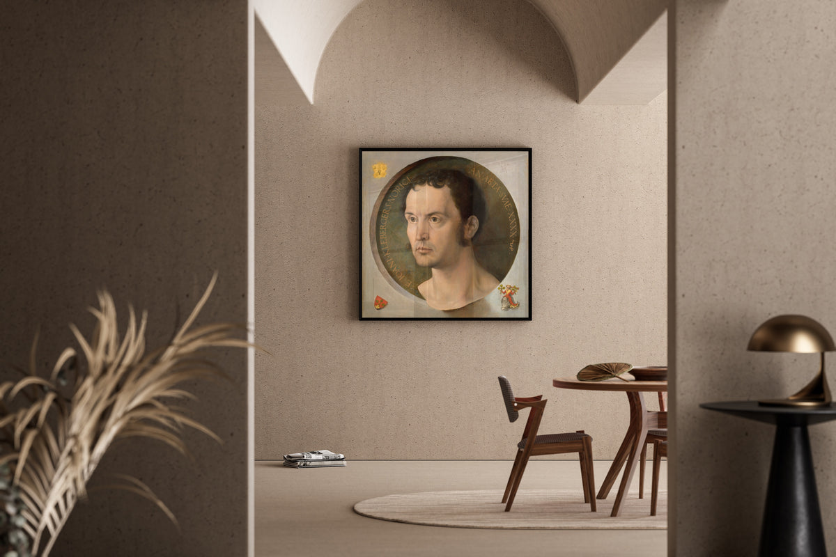Framed art print of Johannes Kleberger by Albrecht Dürer, in a sunlit dining corner