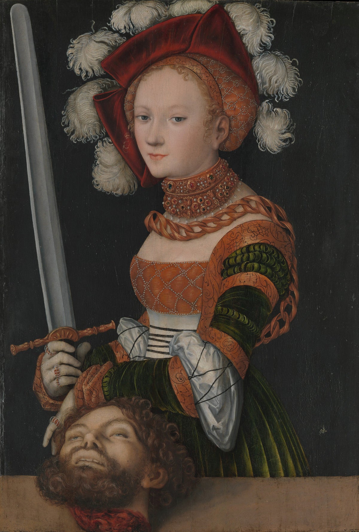 Judith with the Head of Holofernes by Lucas Cranach the Elder — A young woman in a plumed red hat holds a sword over a bearded head