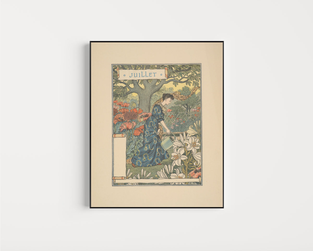 Framed art print of Juillet by Eugène Grasset, in a slim black frame on a plain white wall
