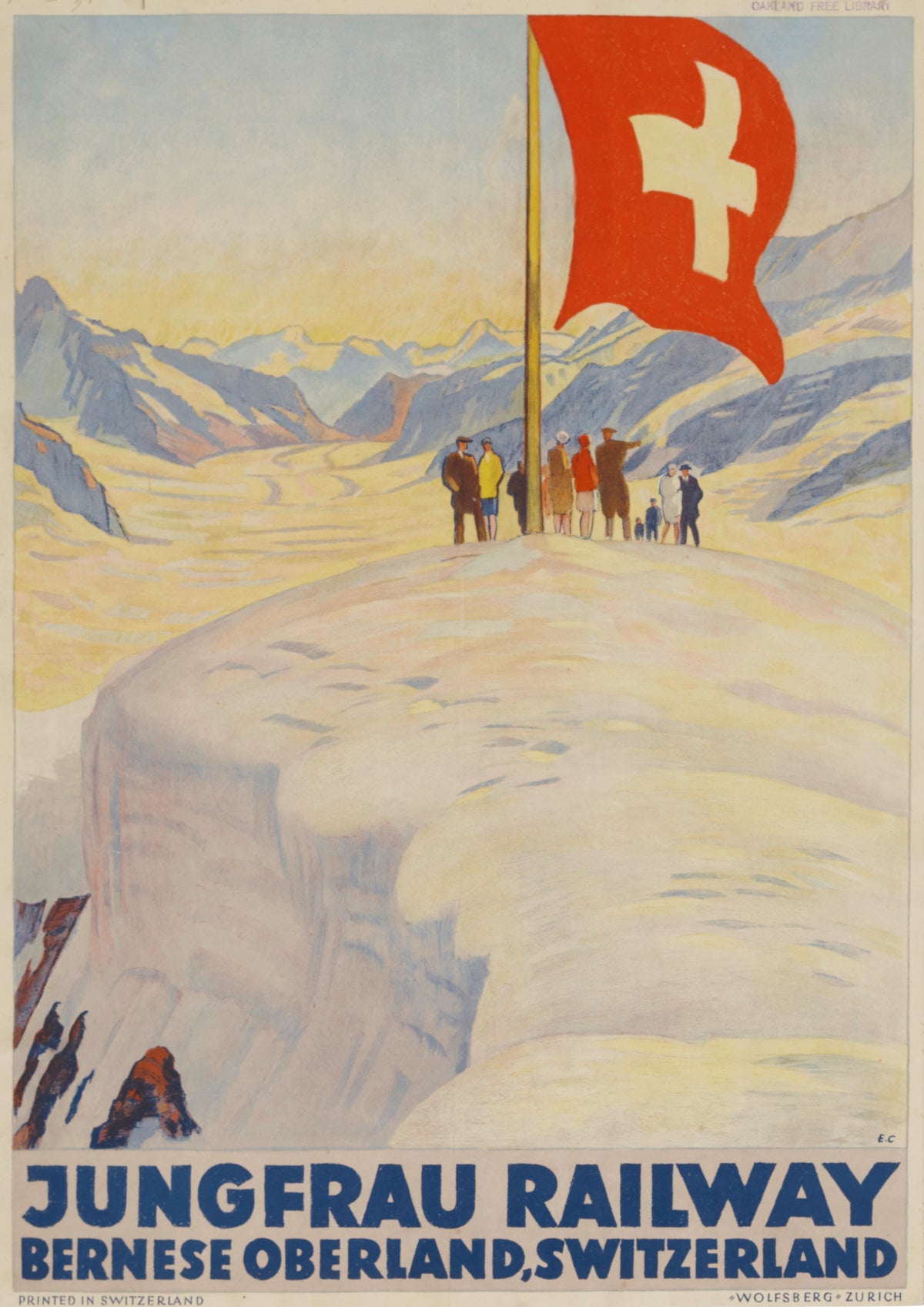 Jungfrau Railway: Bernese Oberland, Switzerland by Emil Cardinaux — Visitors gather round a flagpole and a huge Swiss flag above a glacier