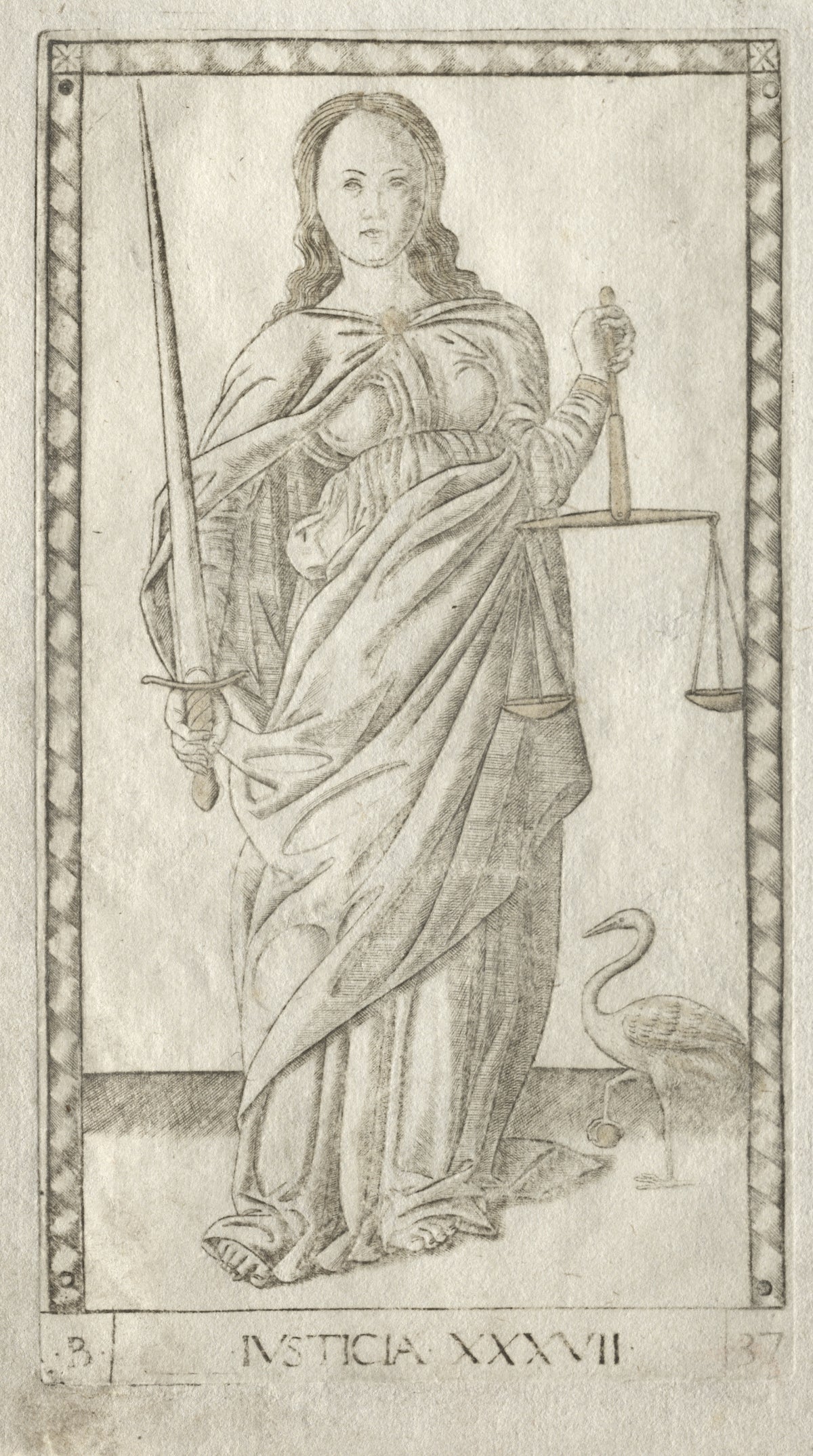 Justice (from the Tarocchi, Series B: Cosmic Principles & Virtues, no. 37) by Master of the E-Series Tarocchi — A long-haired woman holds an upright sword and