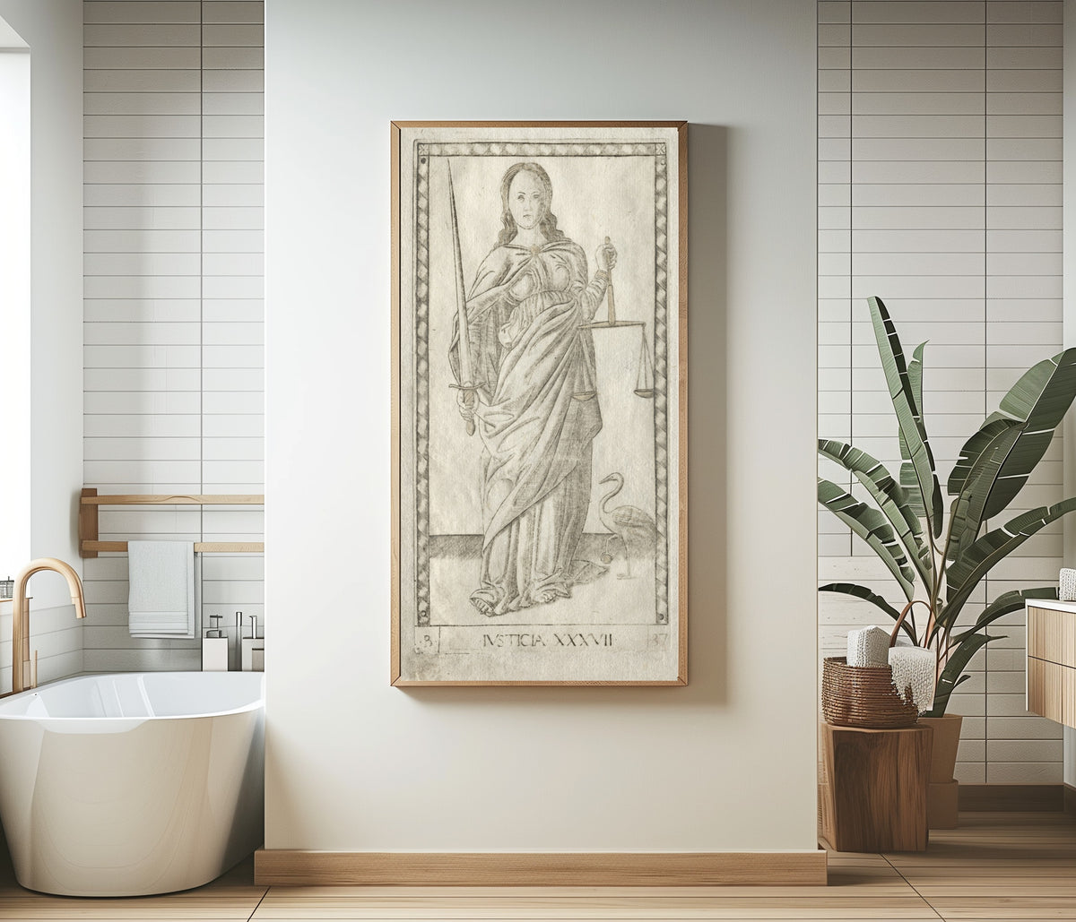 Framed art print of Justice (from the Tarocchi, Series B: Cosmic Principles &… by Master of the E-Series Tarocchi, in a bathroom beside a freestanding tub