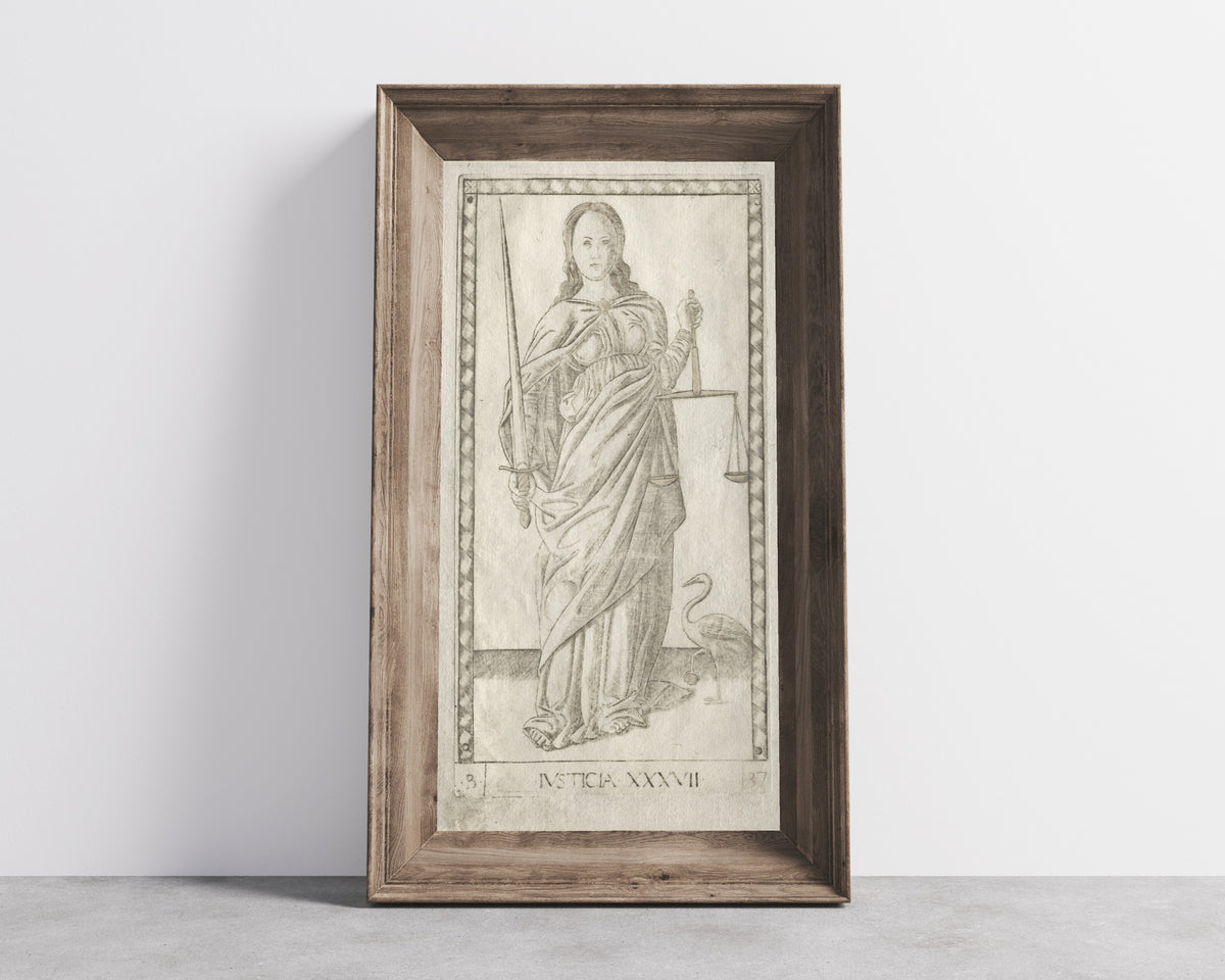 Framed art print of Justice (from the Tarocchi, Series B: Cosmic… by Master of the E-Series Tarocchi, in a wide wooden frame leaning against a concrete wall