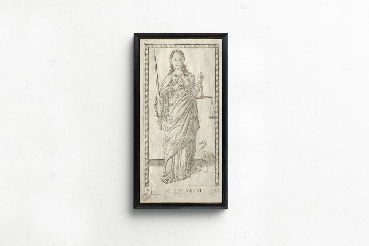 Framed art print of Justice (from the Tarocchi, Series B: Cosmic Principles &… by Master of the E-Series Tarocchi, in a slim black frame on a plain white wall