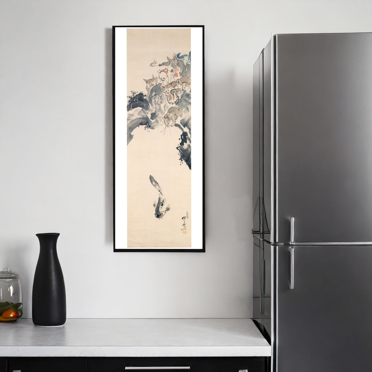 Cats Fishing a Catfish by Kawanabe Kyosai — shown framed on a wall