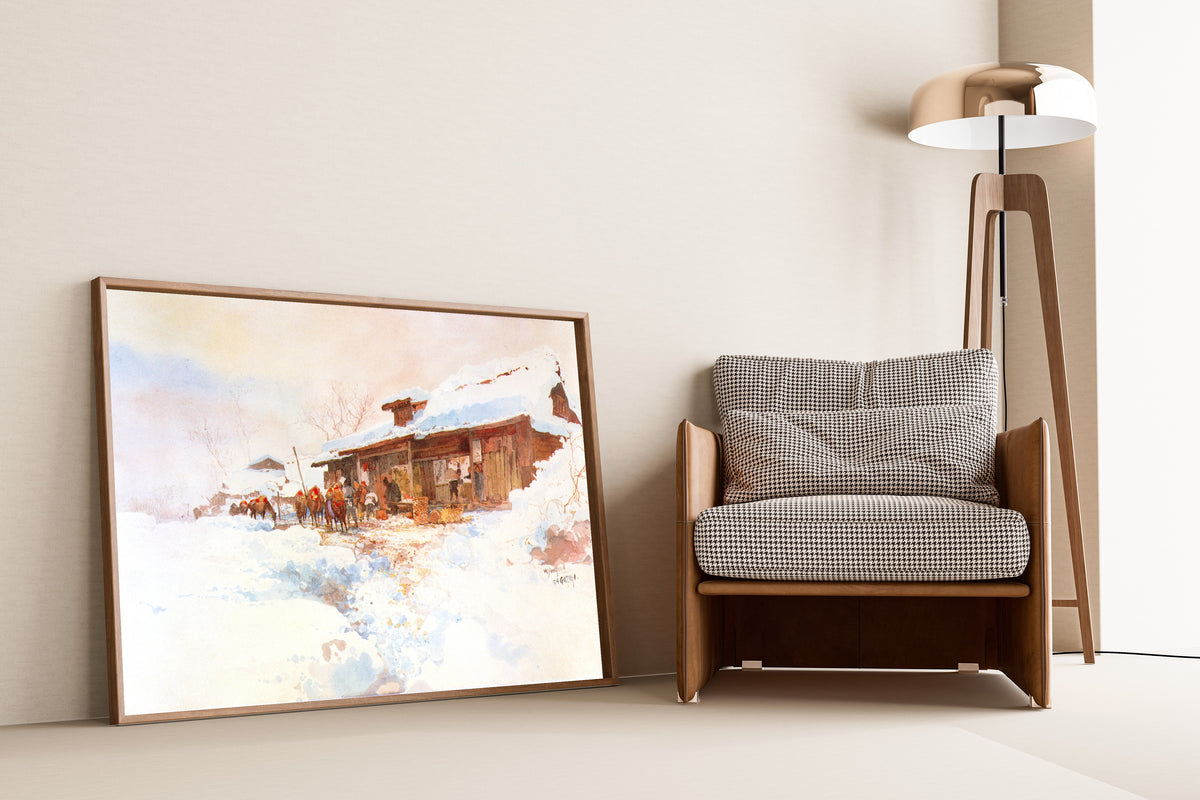 Framed art print of Kagozaka by Hiroshi Yoshida, leaning against a wall beside an armchair and a floor lamp