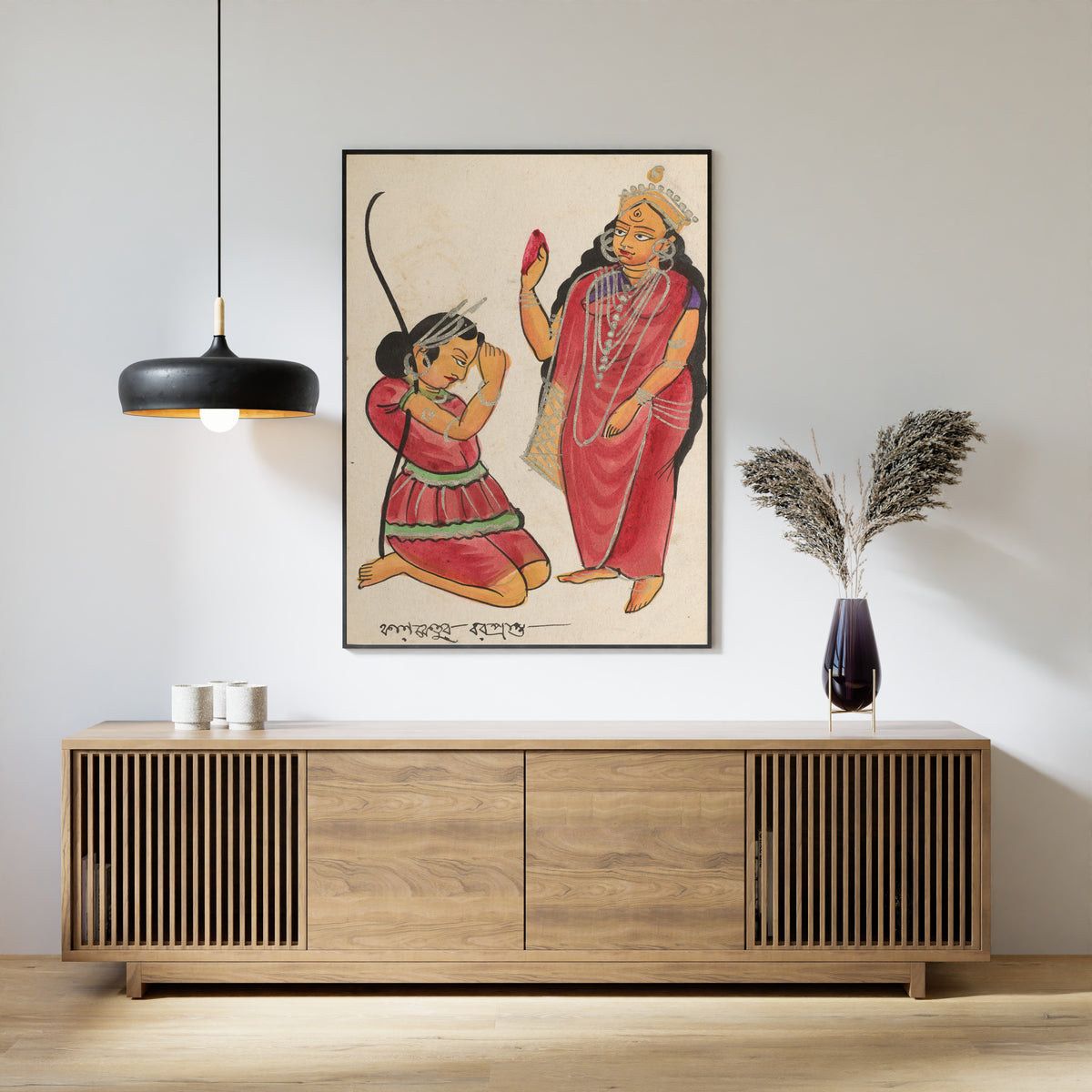 Framed art print of Kalaketu Receiving a Boon from the Goddess Chandi by Kalighat painter, above a slatted wood sideboard