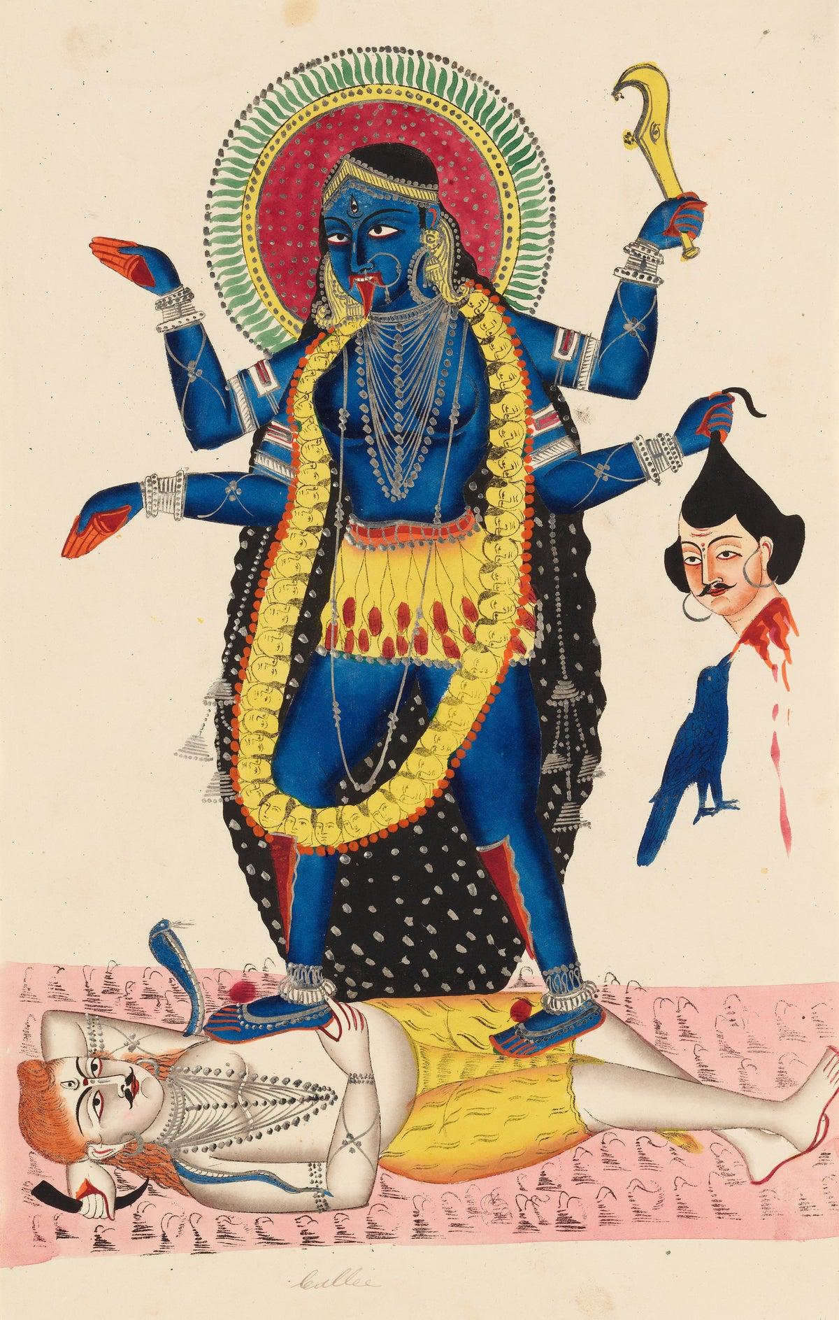 Kali Trampling Upon Shiva by Kalighat painter — A blue four-armed Kali stands on Shiva with a severed head in hand