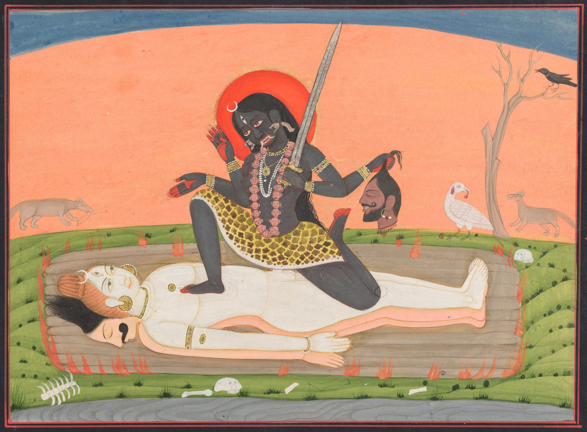 Kali on Shiva by Pahari school — A dark goddess kneels on a pale figure amid flames and bones