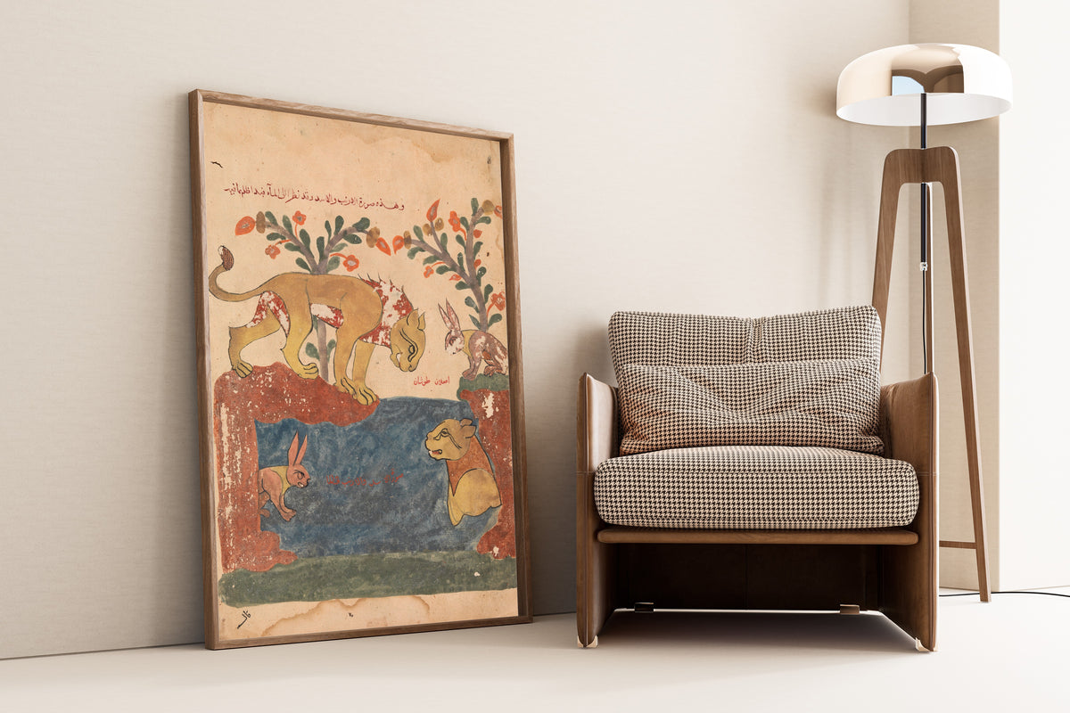 Framed art print of Kalila wa Dimna: The Hare, the Lion, and the Well, leaning against a wall beside an armchair and a floor lamp