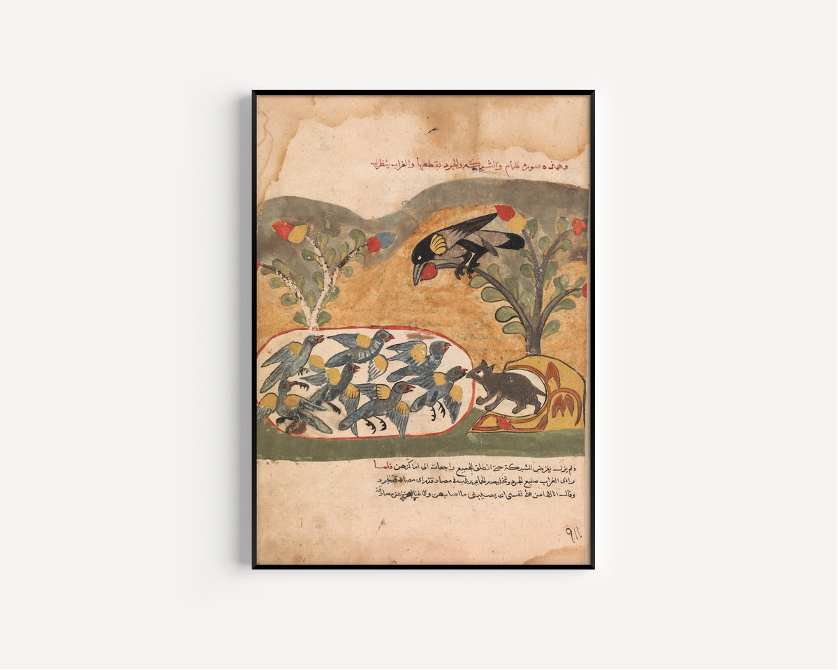 Kalila wa Dimna: The Mouse Gnaws the Net Imprisoning the Doves | Islamic Manuscript Painting Print