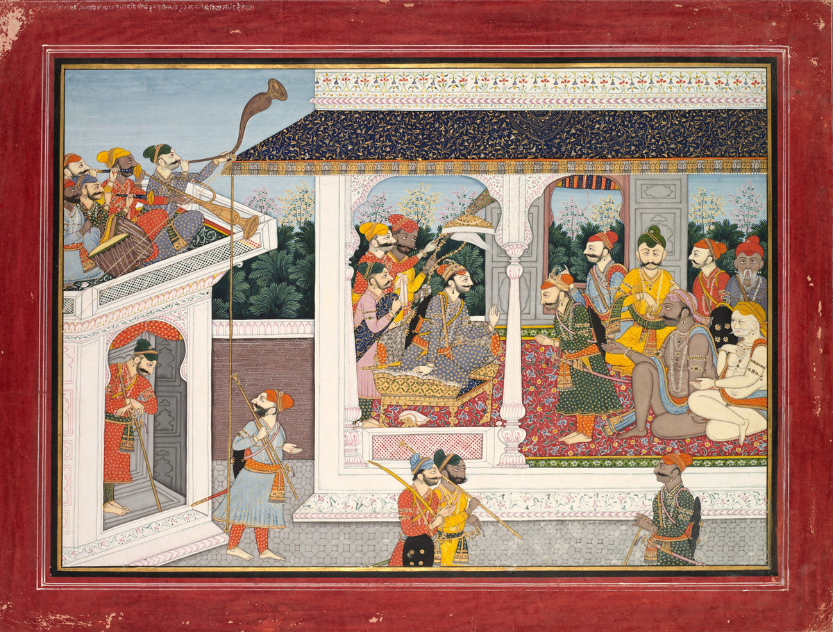 Kamsa deploys Akrura and Keshi to Braj by Pahari school — A king holds court as horns sound from a palace balcony