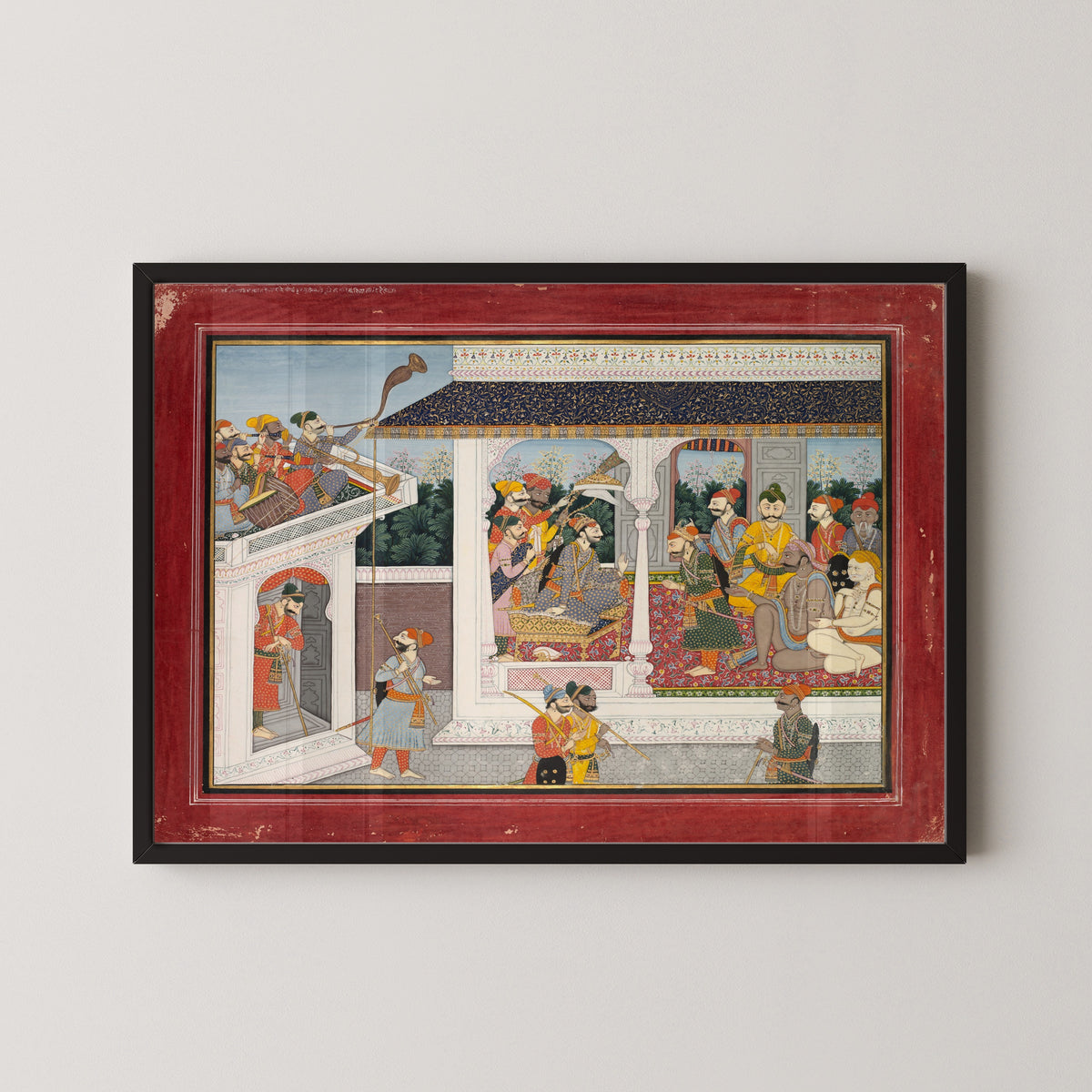 Framed art print of Kamsa deploys Akrura and Keshi to Braj by Pahari school, in a black frame on a pale wall