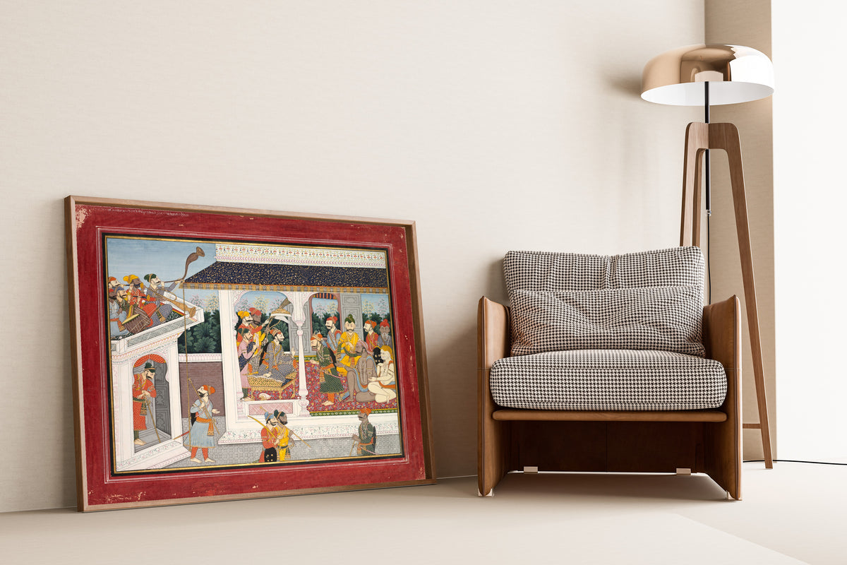 Framed art print of Kamsa deploys Akrura and Keshi to Braj by Pahari school, leaning against a wall beside an armchair and a floor lamp