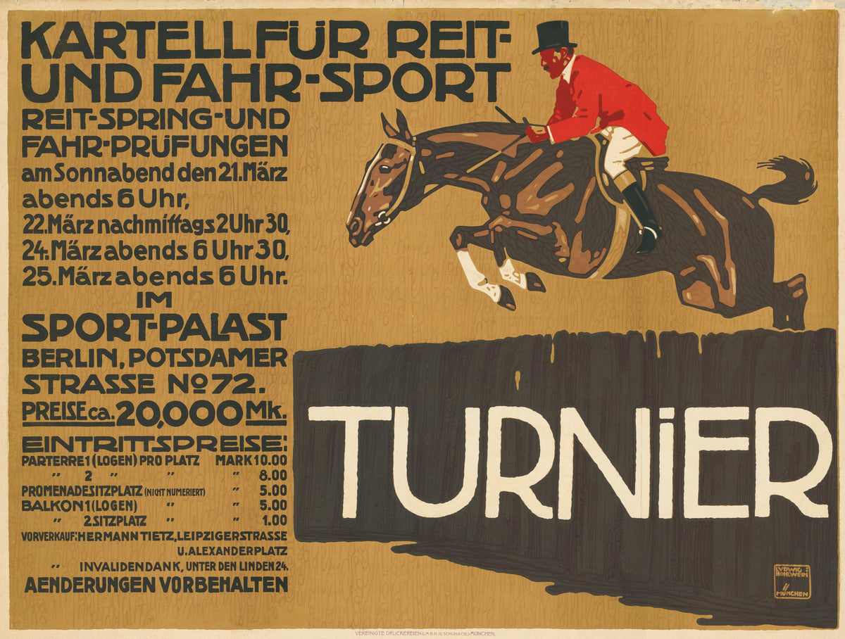 Kartell für Reit- und Fahr-Sport: Turnier by Ludwig Hohlwein — A rider in a red coat clears a jump on a dark brown horse