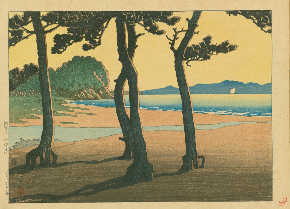 Kazusa Beach in Hizen Province by Kawase Hasui — Pines casting long shadows across a sandy beach under a yellow sky