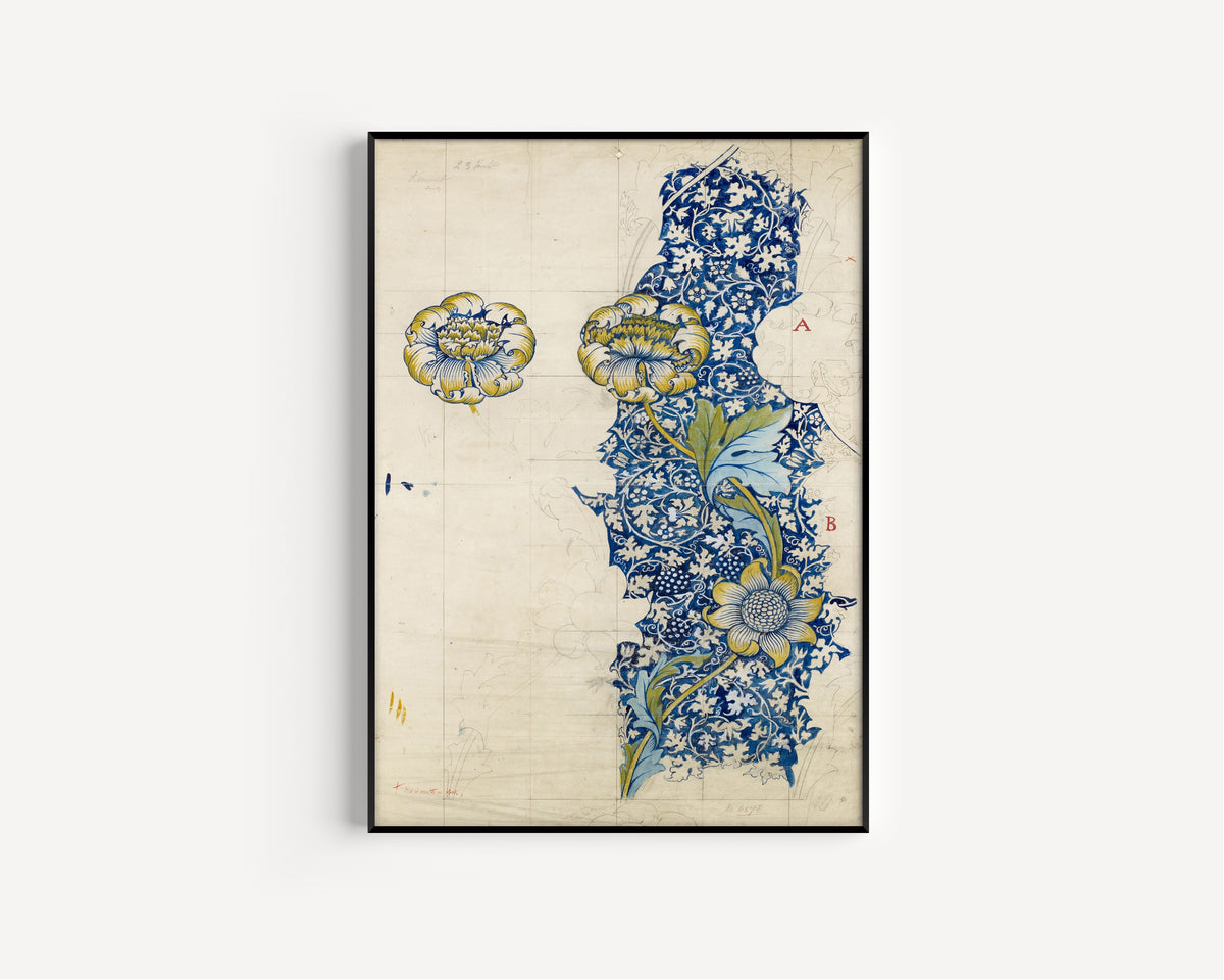 Framed art print of Kennet (Design Drawing) by William Morris, in a slim black frame on a plain white wall