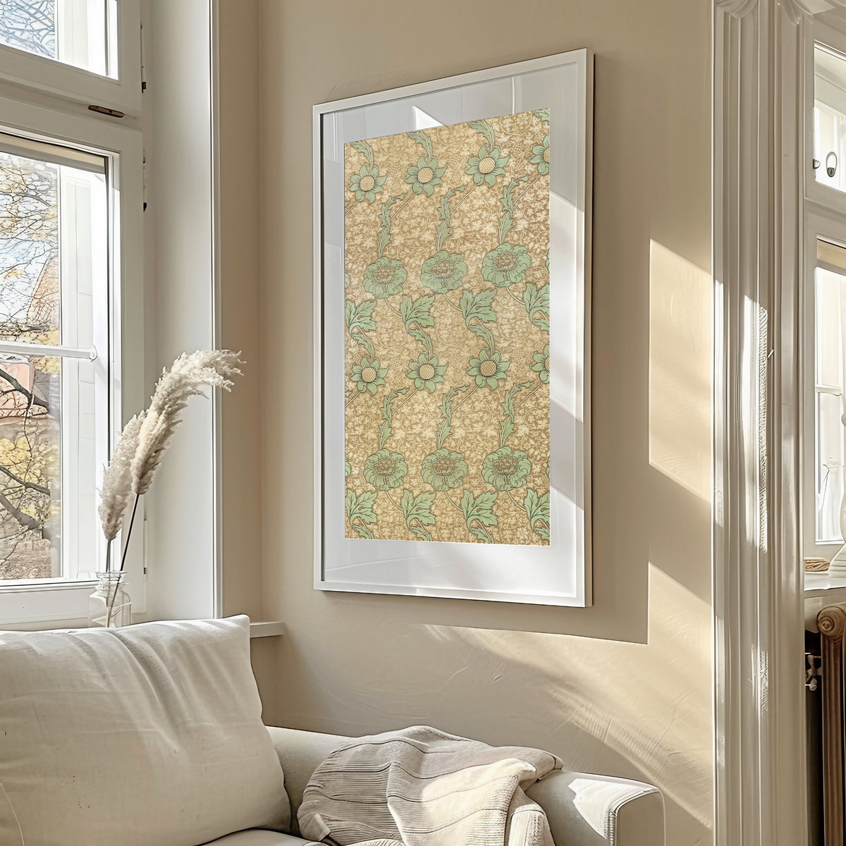 Framed art print of Kennet by William Morris, in a sunlit living room above a sofa