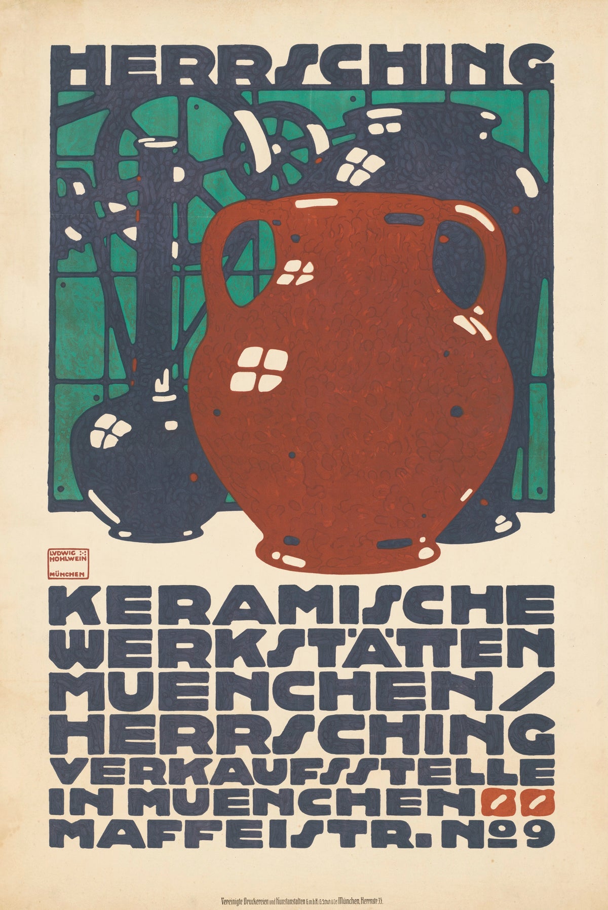 Keramische Werkstätten München: Herrsching by Ludwig Hohlwein — A red-brown jug before two dark bottles and a green lattice