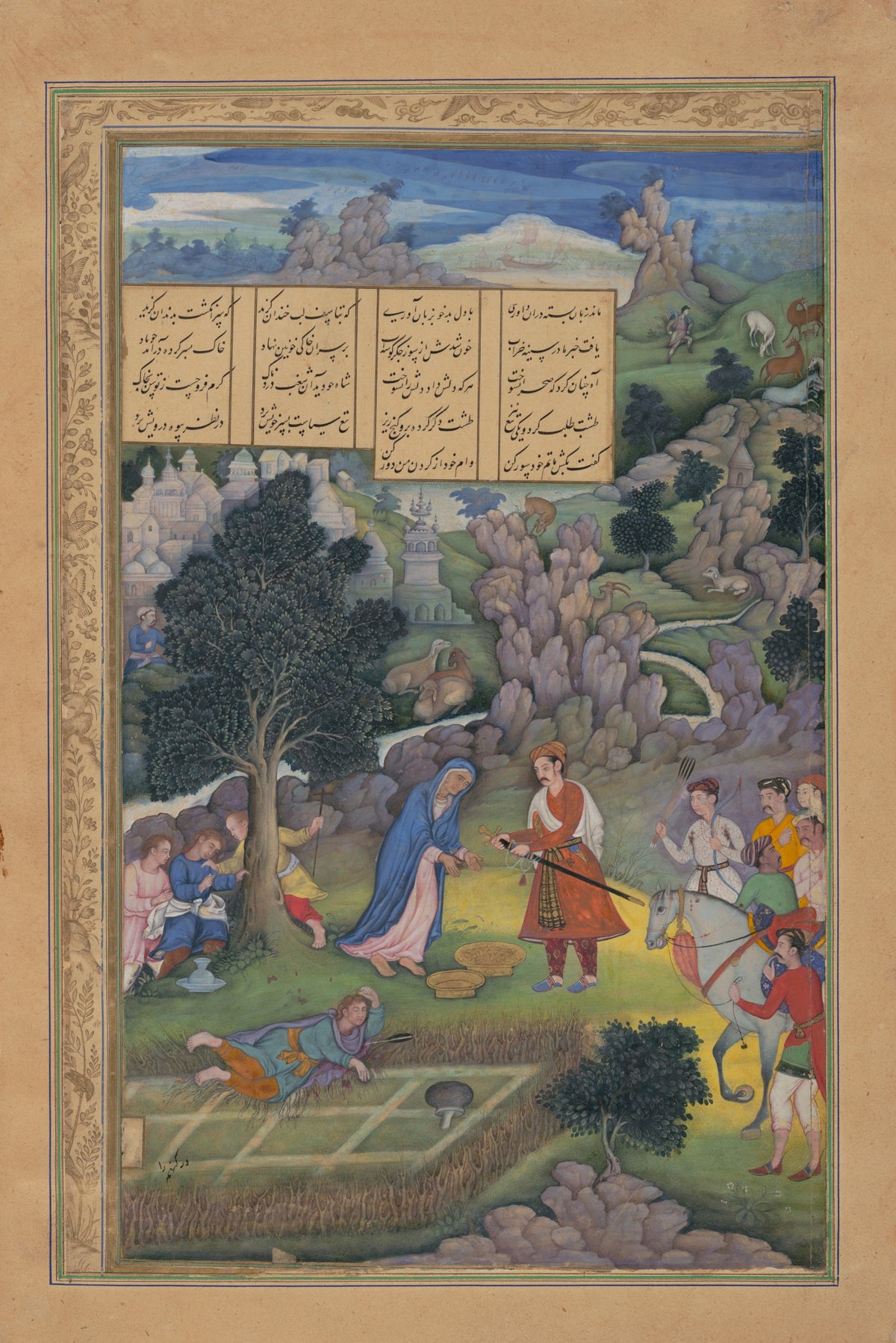 Miskin (attributed) — Khamsa of Amir Khusrau Dihlavi: A King Offers to Make Amends to a Bereaved Mother | Mughal Painting Art Print