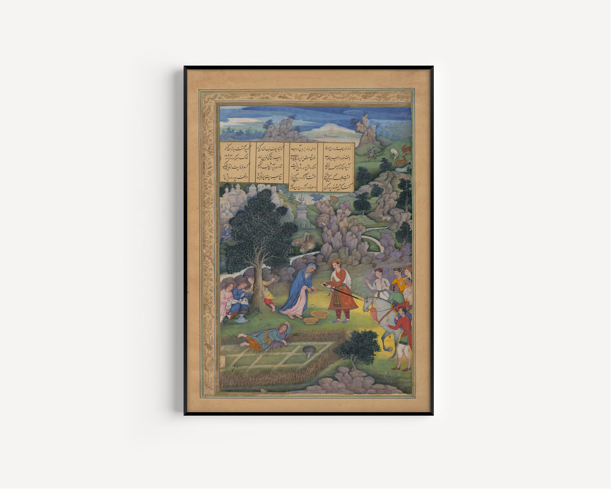 Miskin (attributed) — Khamsa of Amir Khusrau Dihlavi: A King Offers to Make Amends to a Bereaved Mother | Mughal Painting Art Print
