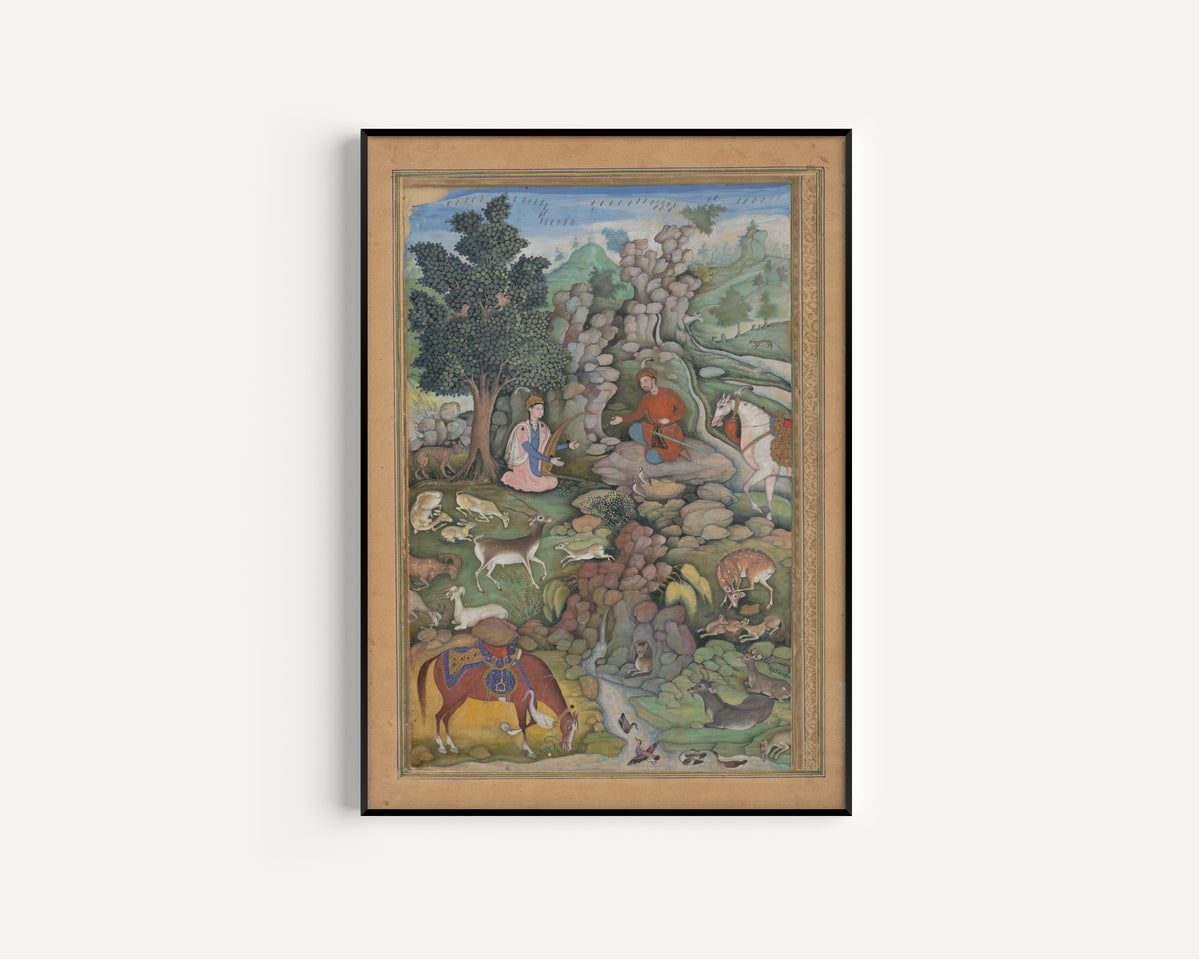 Miskin (attributed) — Khamsa of Amir Khusrau Dihlavi: Bahram Gur Sees a Herd of Deer Mesmerized by Dilaram's Music | Mughal Painting Art Print