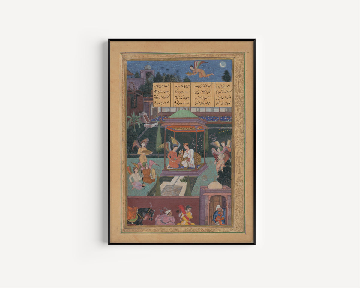 Manohar — Khamsa of Amir Khusrau Dihlavi: The Youth of Rum Is Entertained in a Garden by a Fairy and her Maidens | Mughal Painting Art Print