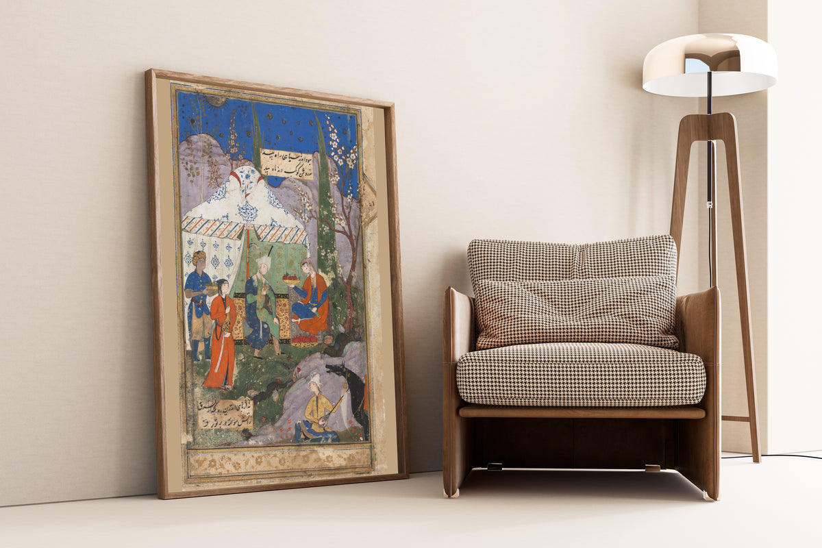 Framed art print of Khamsa of Nizami: An Episode from the Story of the Sasanian King Khusrau and…, leaning against a wall beside an armchair and a floor lamp