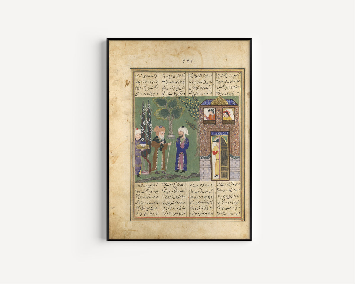 Khavarannama: Three Men Before a Castle | Persian Miniature Art Print