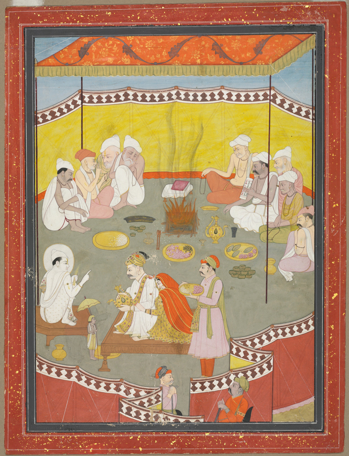 King Bali Gives a Gift of Land to Vamana by Pahari school — Priests sit round a sacred fire as a king and a woman hold a vessel