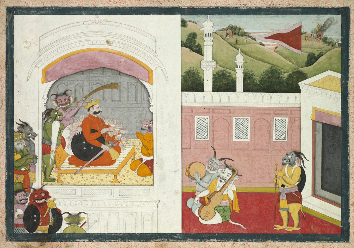 King Bana in his court by Pahari school — A demon king with a fan of arms holds court among horned attendants