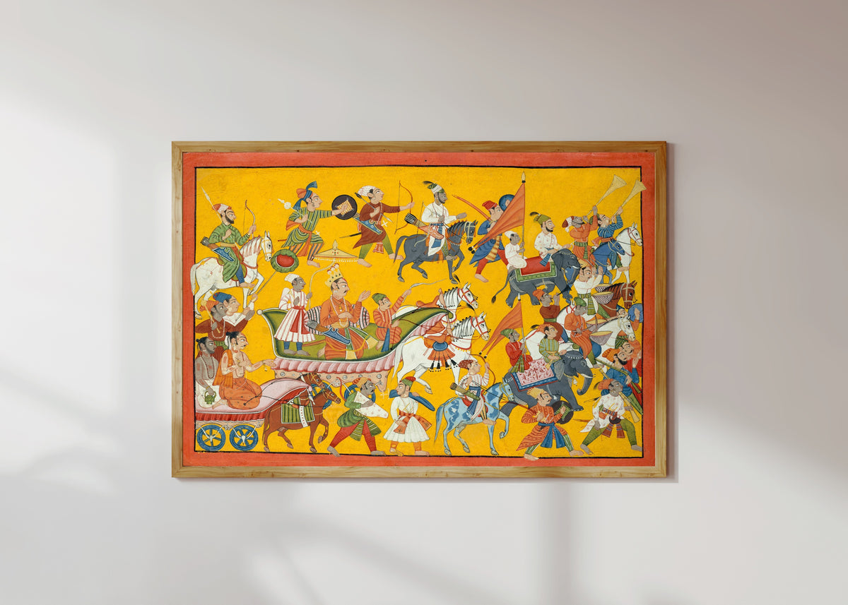 Framed art print of King Dasaratha and His Retinue Proceed to Rama's Wedding: Folio from the… by Mankot school, in a light wood frame on a sunlit white wall