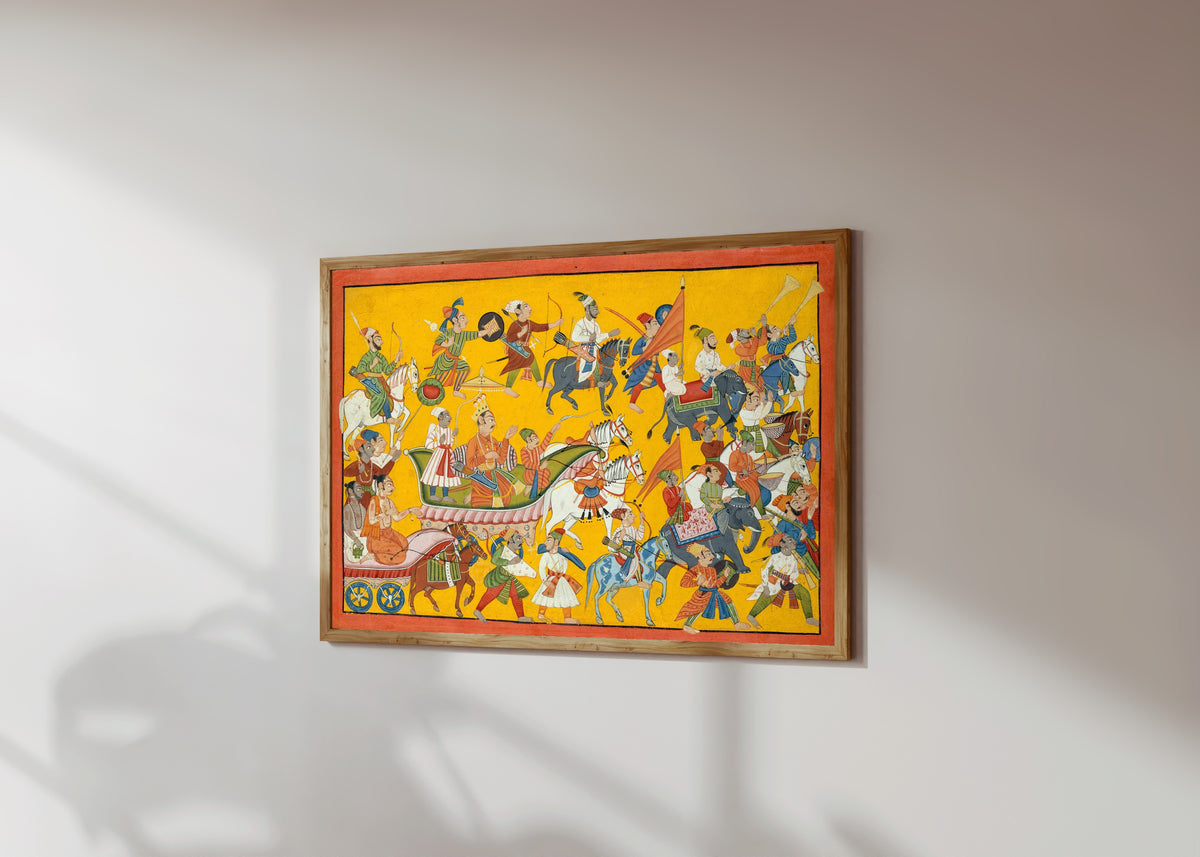 Framed art print of King Dasaratha and His Retinue Proceed to Rama's… by Mankot school, in a light wood frame on a sunlit white wall, seen at a slight angle