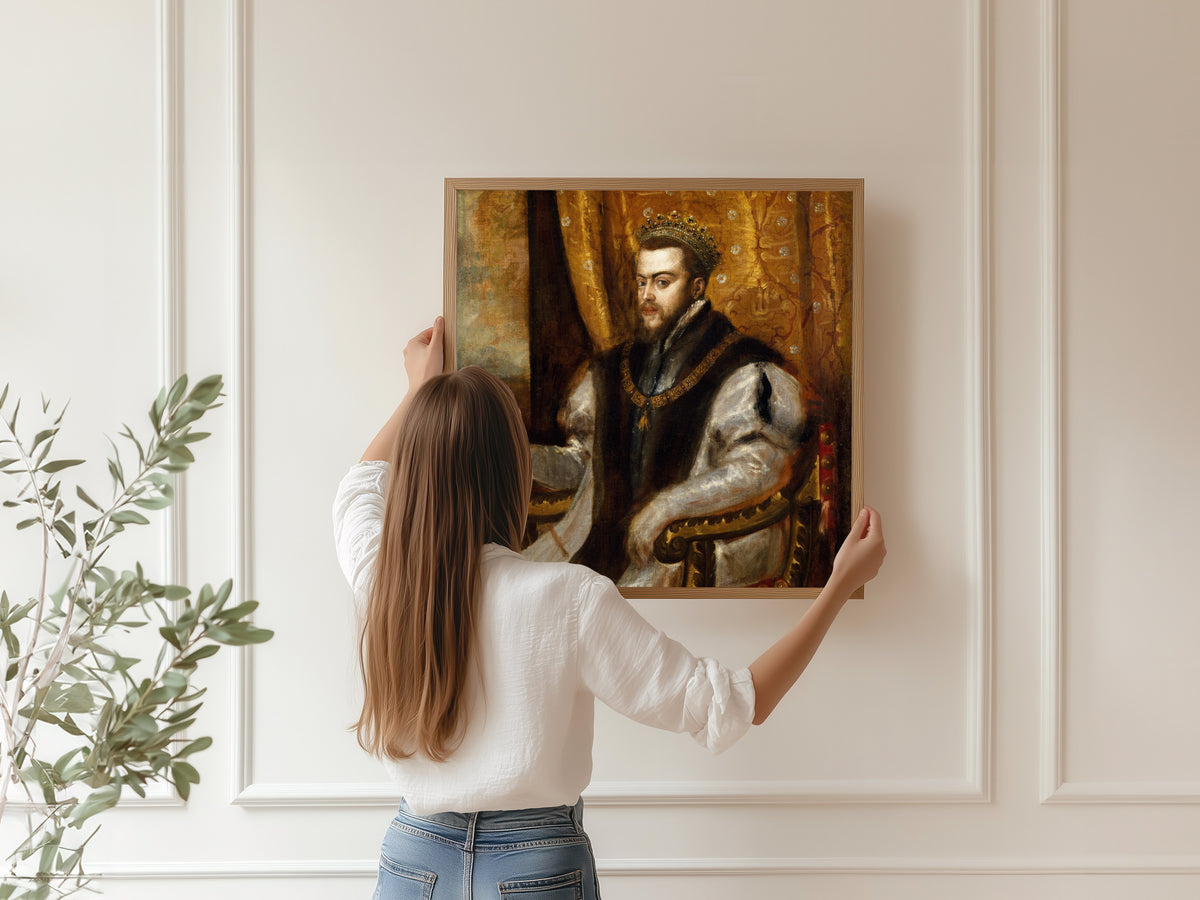 Framed art print of King Philip II of Spain by Titian, hung on a panelled wall
