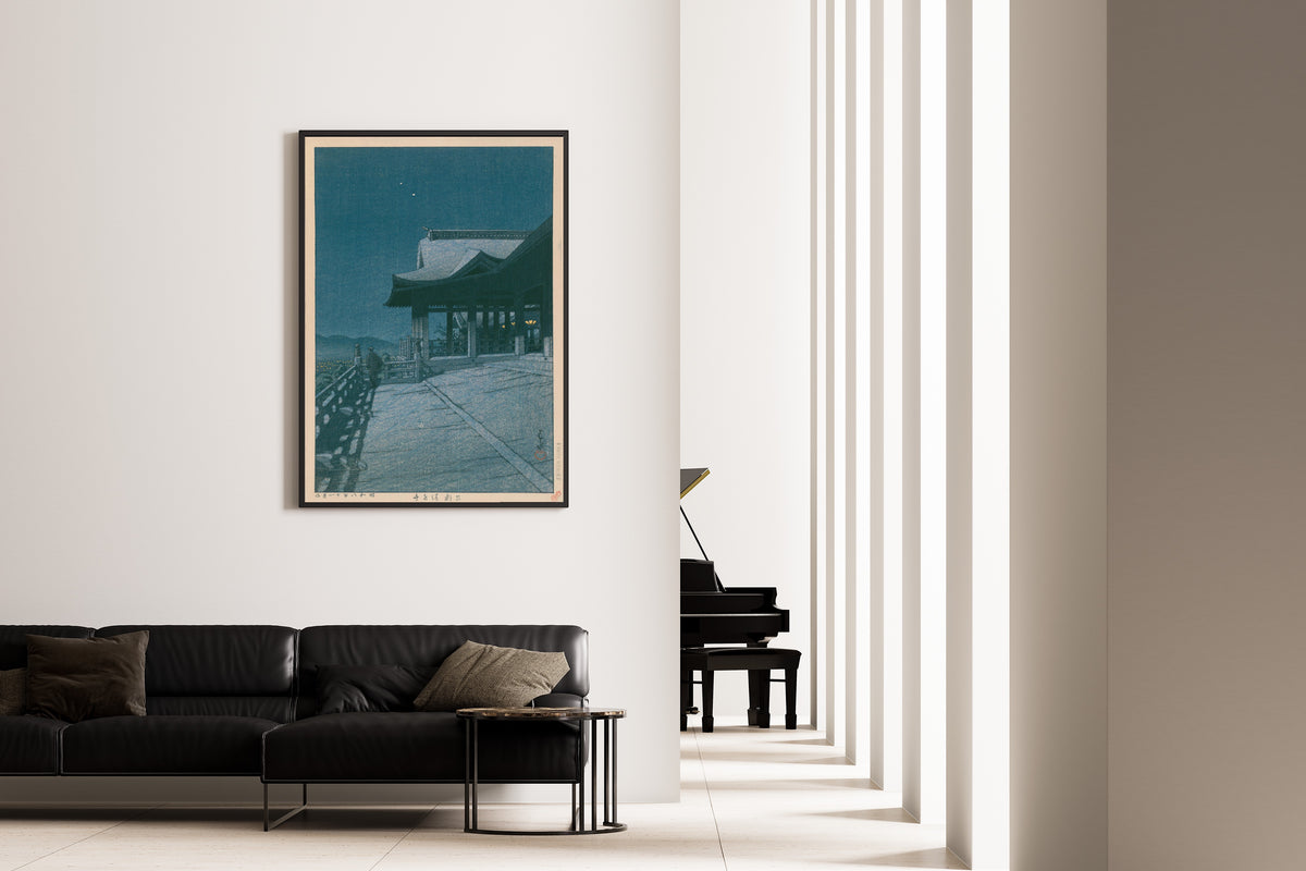 Framed art print of Kiyomizu Temple, Kyoto by Kawase Hasui, on the wall of a minimal living room
