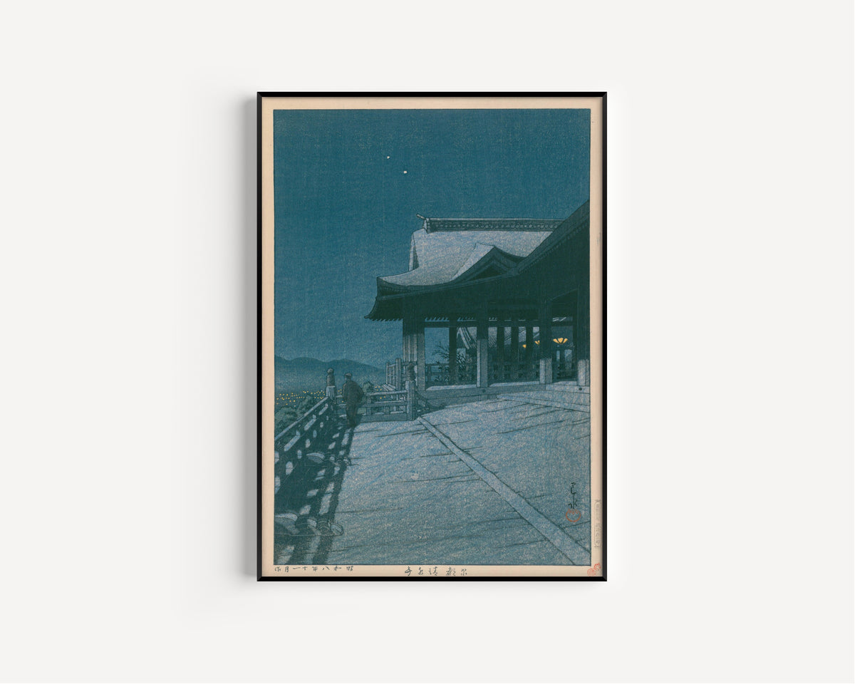 Framed art print of Kiyomizu Temple, Kyoto by Kawase Hasui, in a slim black frame on a plain white wall