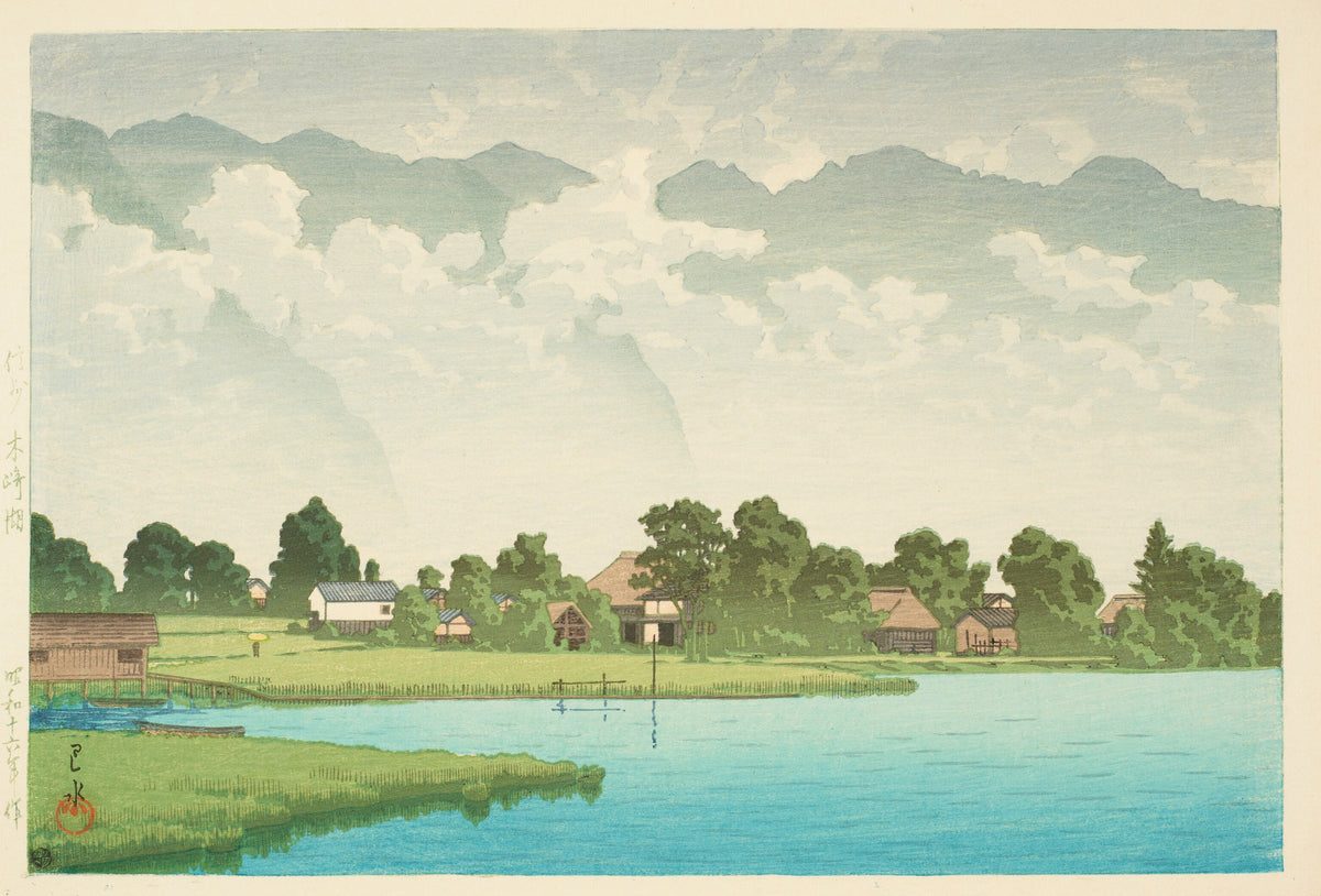 Kizaki Lake in Shinshu by Kawase Hasui — Thatched farmhouses beside a turquoise lake under heavy clouds